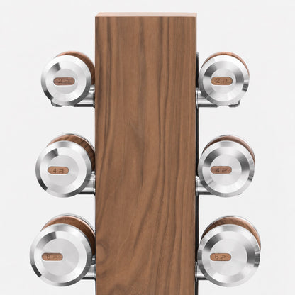 Colmia Vertical Weight Set, Full — PENT supplier dumbbell and wood detail; representative stainless steel and walnut finish