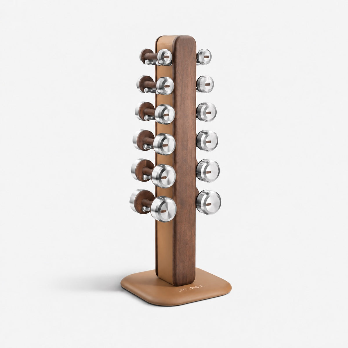 Colmia Vertical Weight Set, Light — PENT supplier current-design studio view; representative walnut and brown leather finish