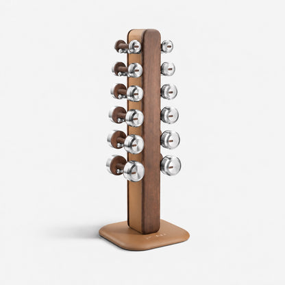 Colmia Vertical Weight Set, Light — PENT supplier current-design studio view; representative walnut and brown leather finish