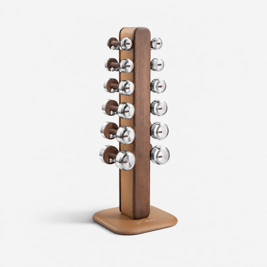 Colmia Vertical Weight Set, Light — PENT supplier current-design studio view; representative walnut and brown leather finish