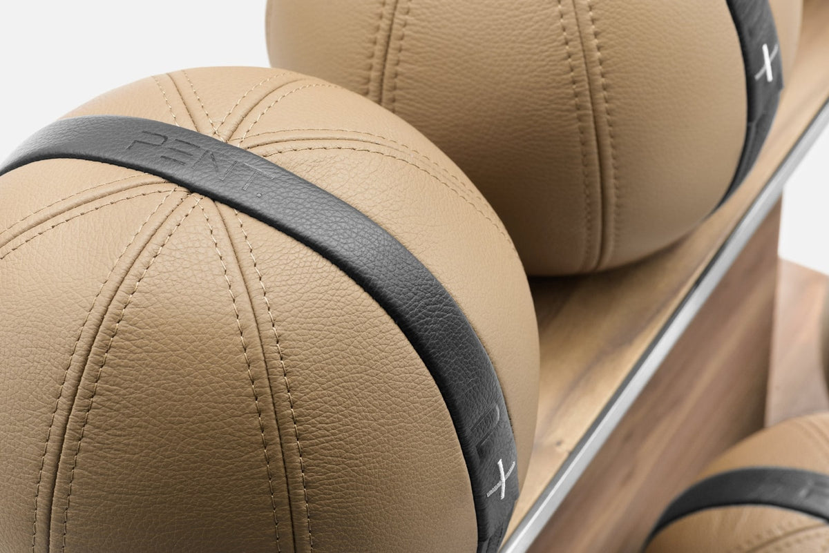 Moxa Leather Medicine Ball Set, Full — PENT supplier leather and rack detail; representative finish
