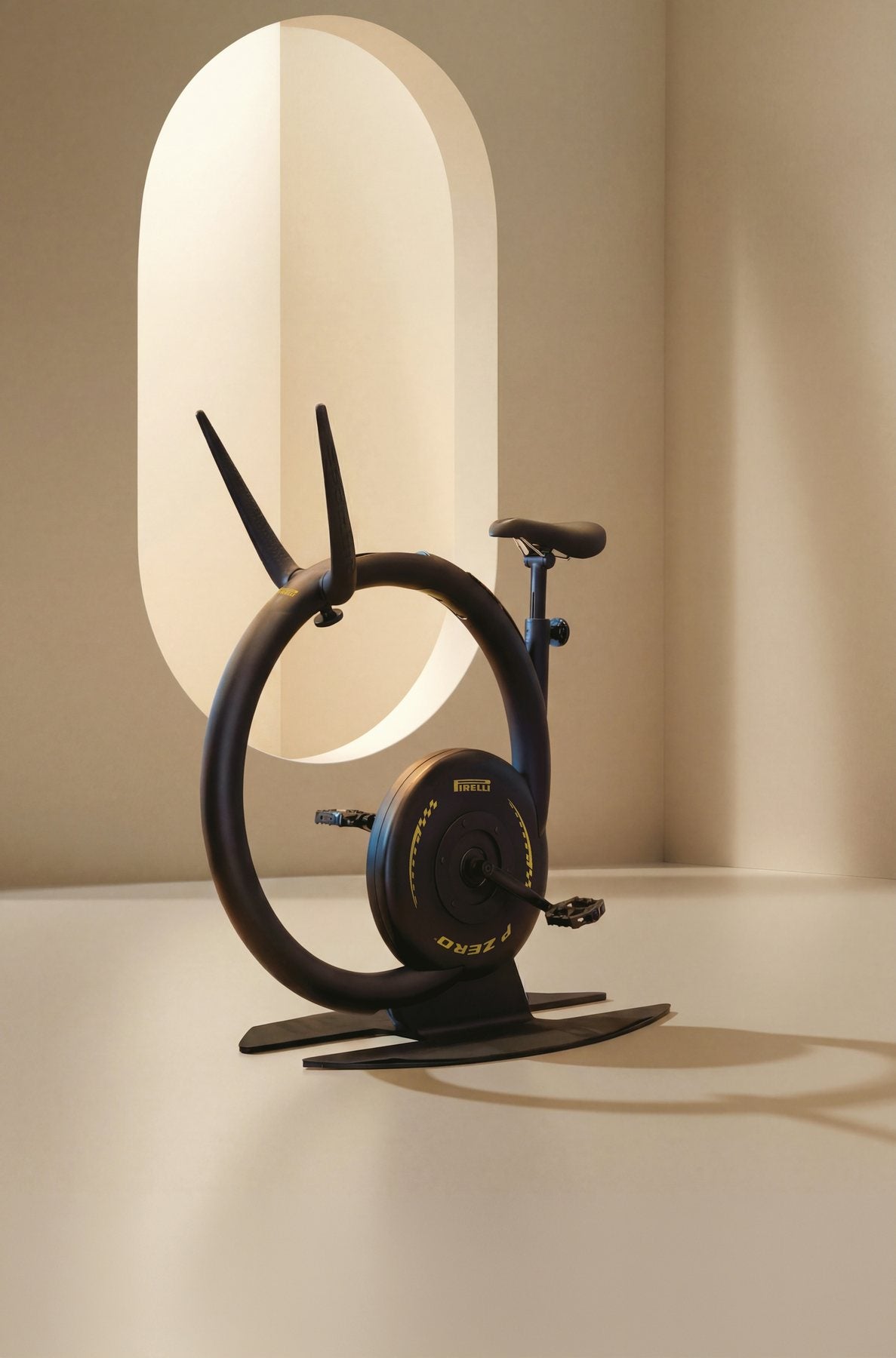 Ciclotte One Pirelli in yellow P Zero detailing, shown in an architectural interior