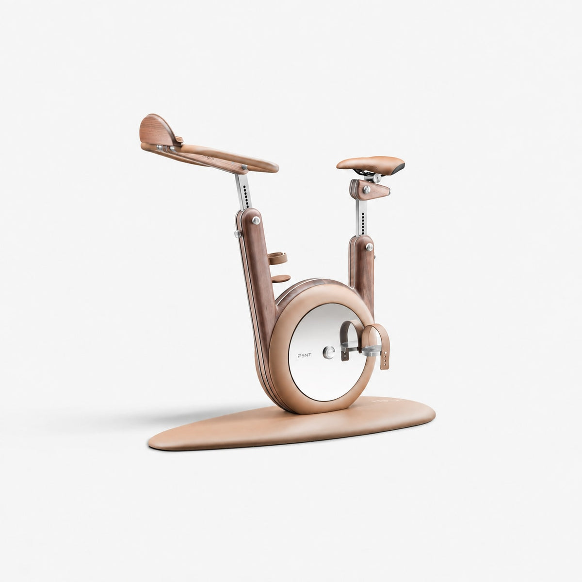 Hania Stationary Bicycle — square studio view in natural wood and beige leather
