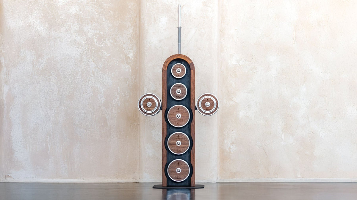 NOHRD WeightPlate Tower with weight plates and stored bar in an interior