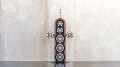 NOHRD WeightPlate Tower with weight plates and stored bar in an interior